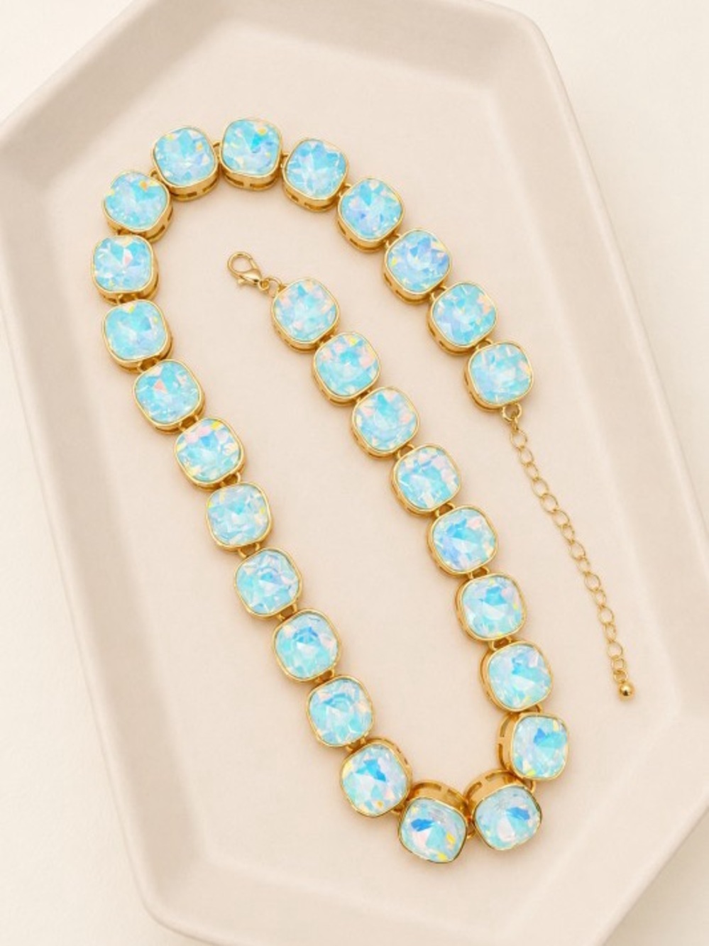 Blue crystal evening stone gold statement rhinestone beaded necklace